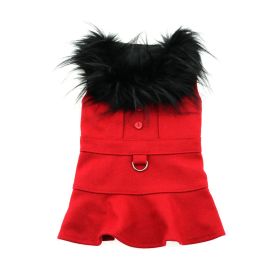 Elegant Wool Dog Harness Coat with Fur Trim (Color: Red, size: small)